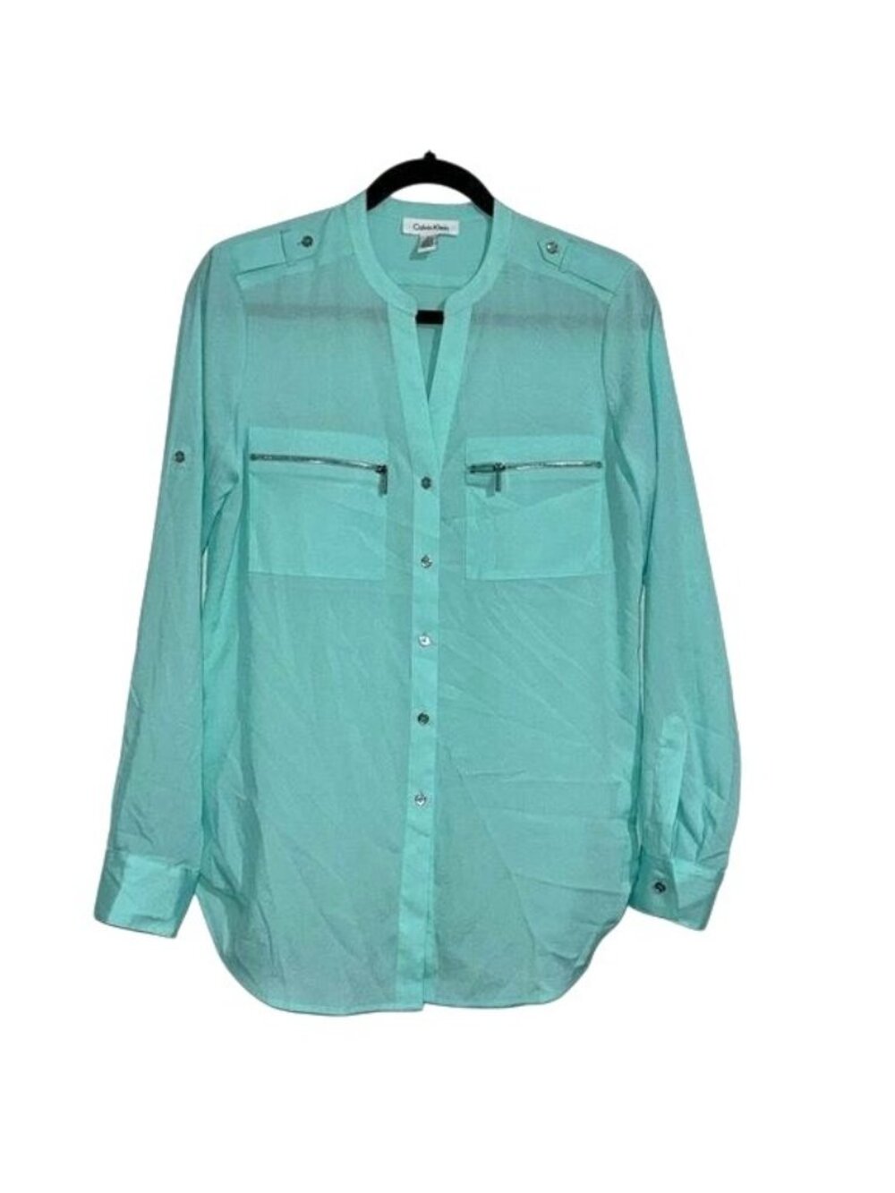 Calvin Klein Womens Long Sleeve Aqua Blouse Size S Polyester - Picture 1 of 10